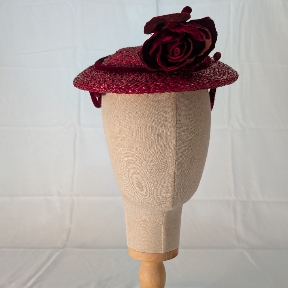 Mr. John Vintage Bridal Tilt Hat 50's-'60's Raffia Red Velvet Trim